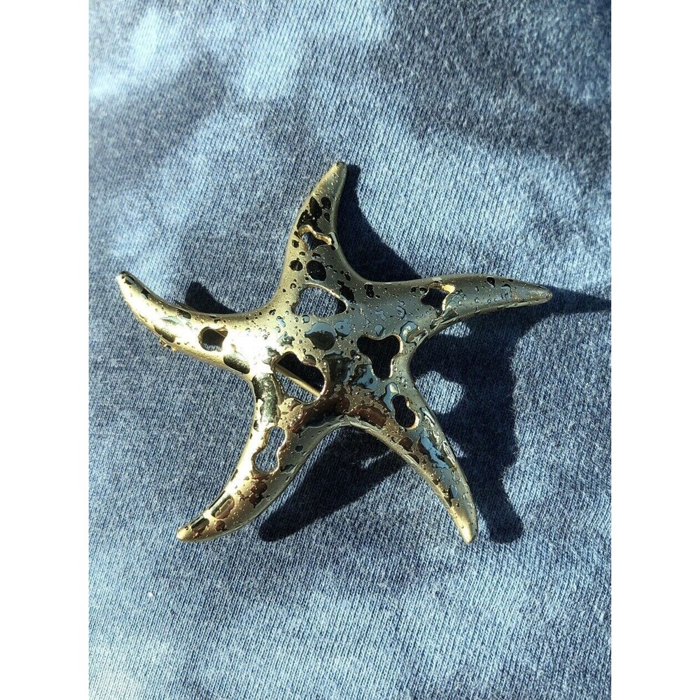 Vintage Gold Tone Fish Starfish Brooch Pin Signed Karu Arke